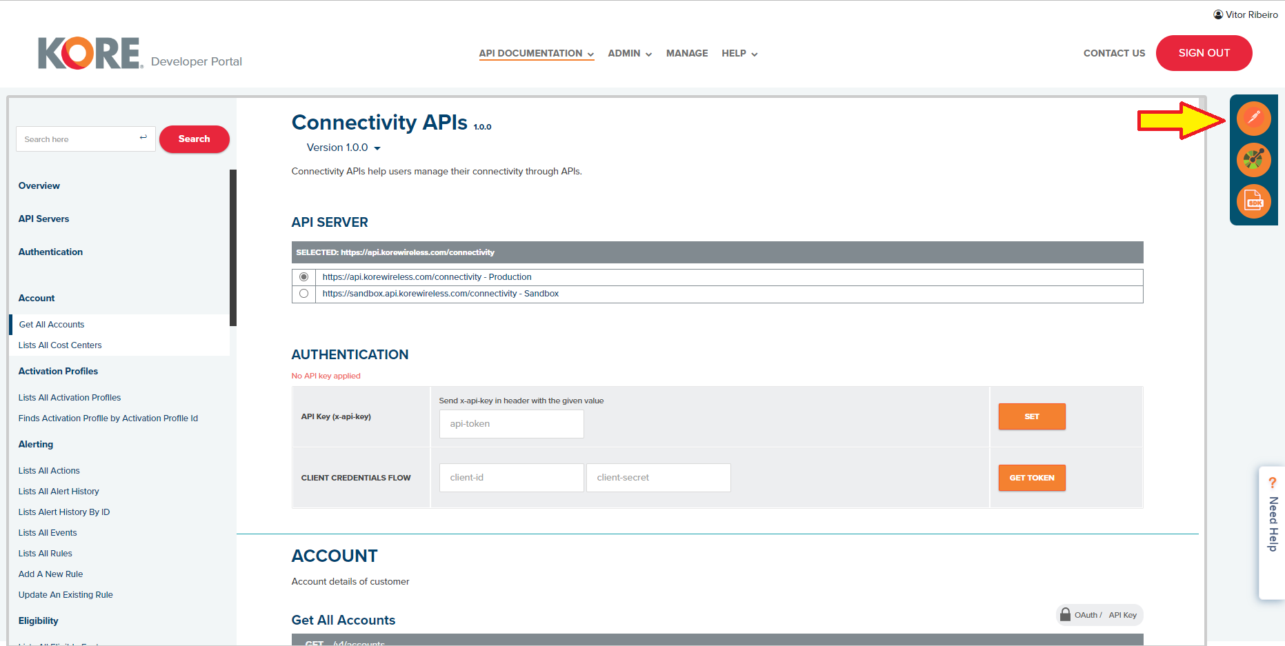 KORE Developer Portal showing Postman collection download option for API testing