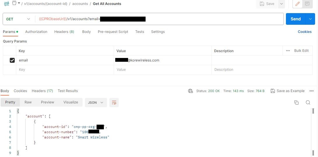 Postman GET request showing how to retrieve account-id using email parameter