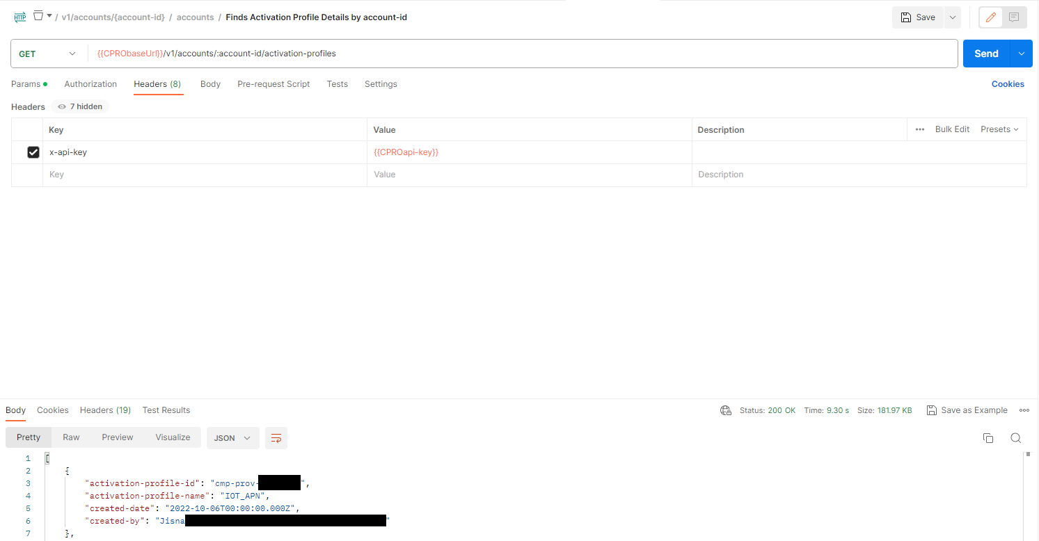 Postman GET request displaying activation profile ID retrieval for SIM management