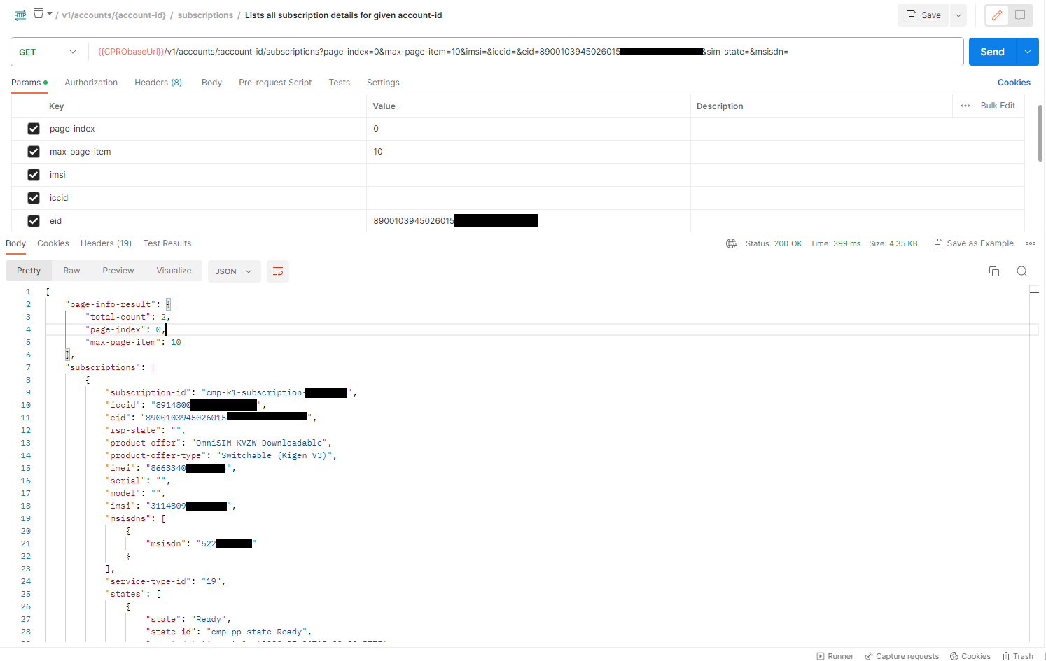 Postman showing subscription details query with EID parameter and response data