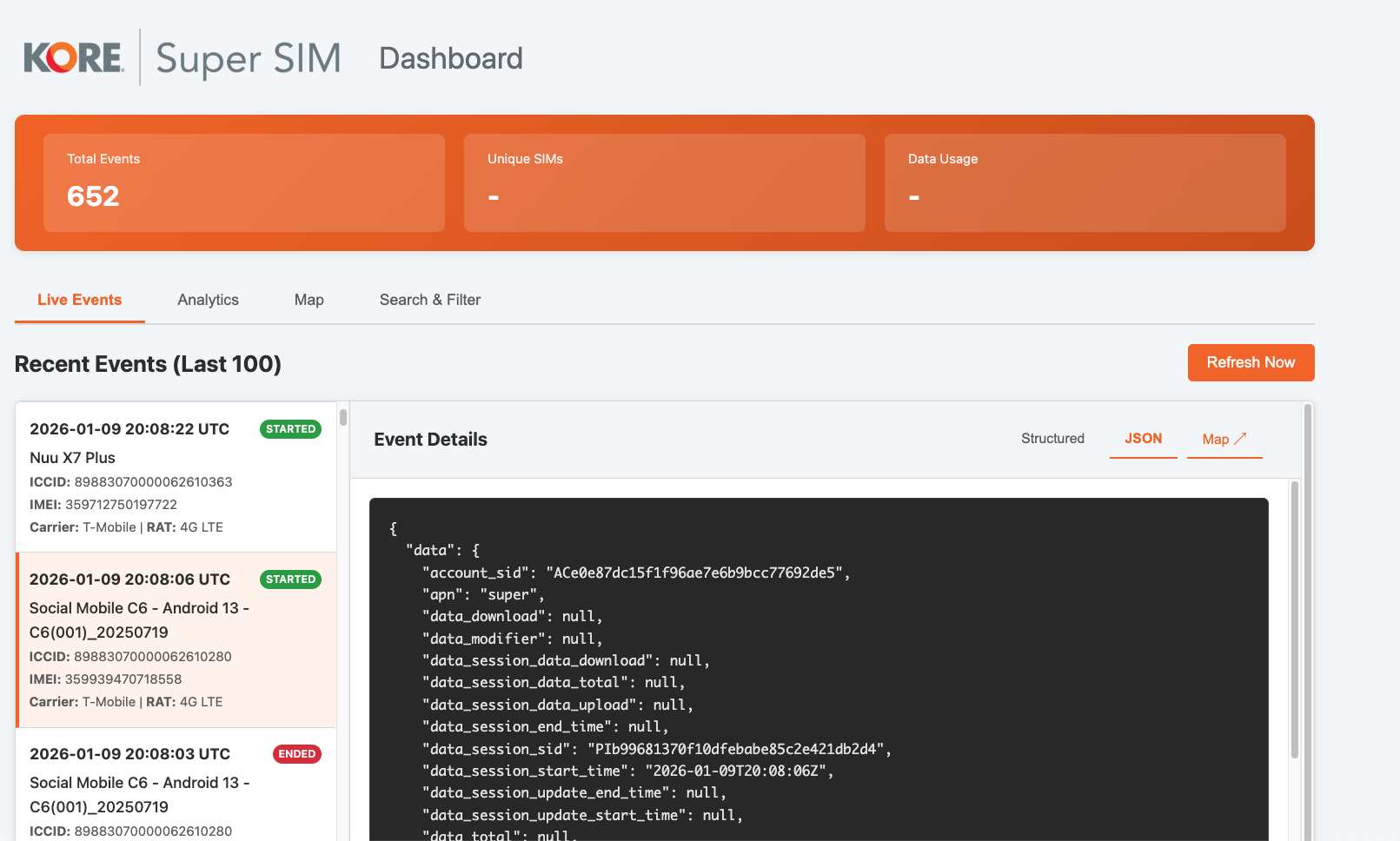 KORE SUPER SIM Dashboard - JSON