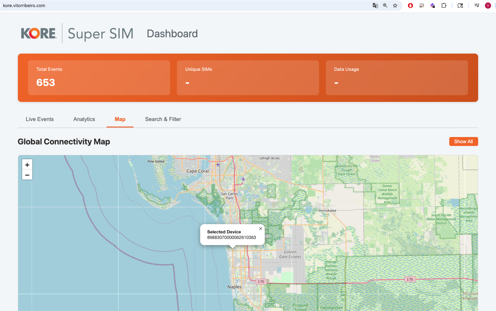 KORE SUPER SIM Dashboard - Map