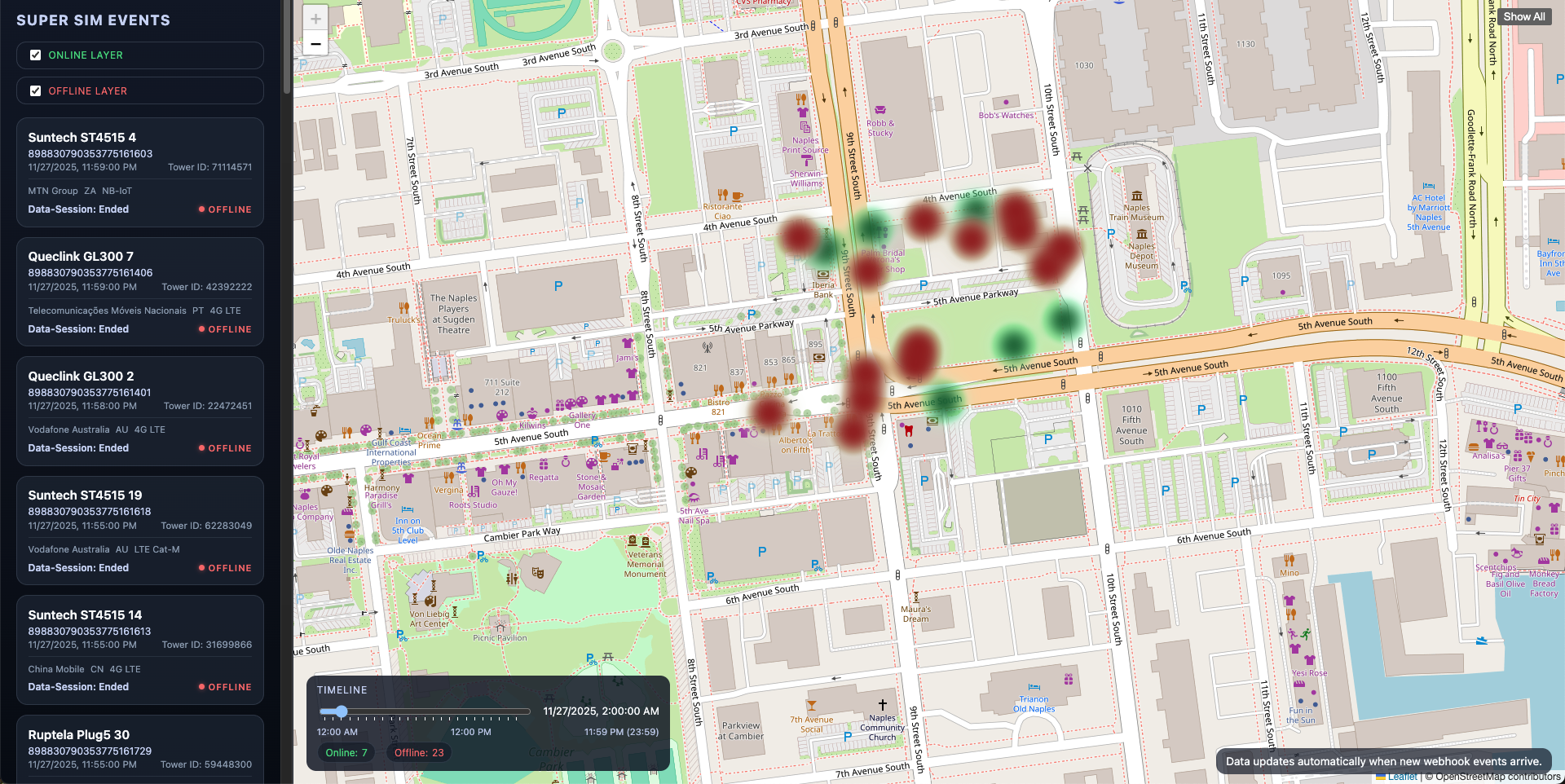 Heatmap filtered by timeline showing device activity at specific time period