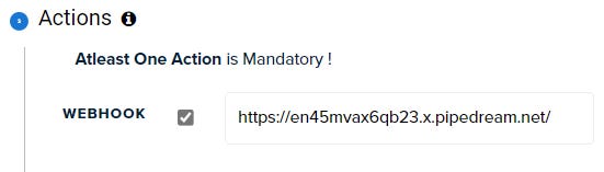 Webhook action configuration with Pipedream URL for receiving SMS alerts