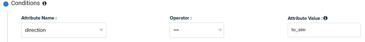 Conditions configuration showing direction attribute set to to_sim for mobile terminated SMS