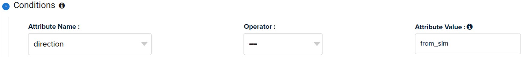 Conditions configuration showing direction attribute set to from_sim for mobile originated SMS