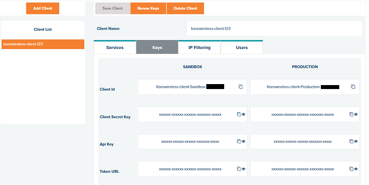KORE Developer Portal showing API client configuration with production keys