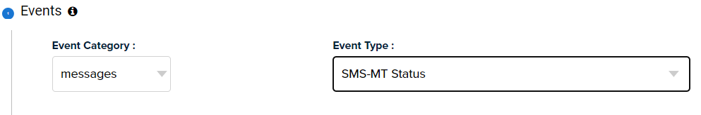 Event configuration showing SMS-MT Status event type for mobile terminated messages