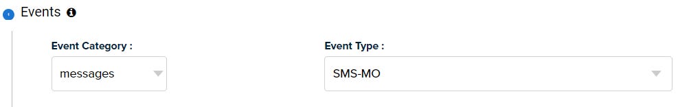 Event configuration showing SMS-MO message event type selection