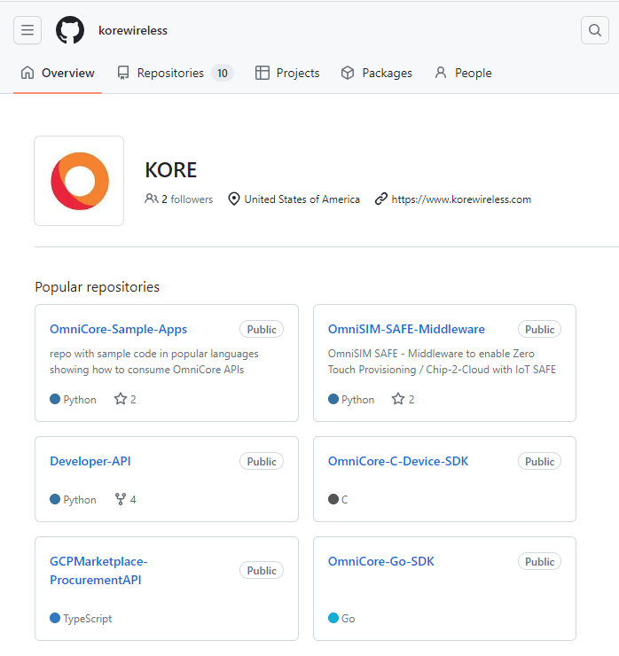 KORE Wireless GitHub repository page showing Developer API code samples