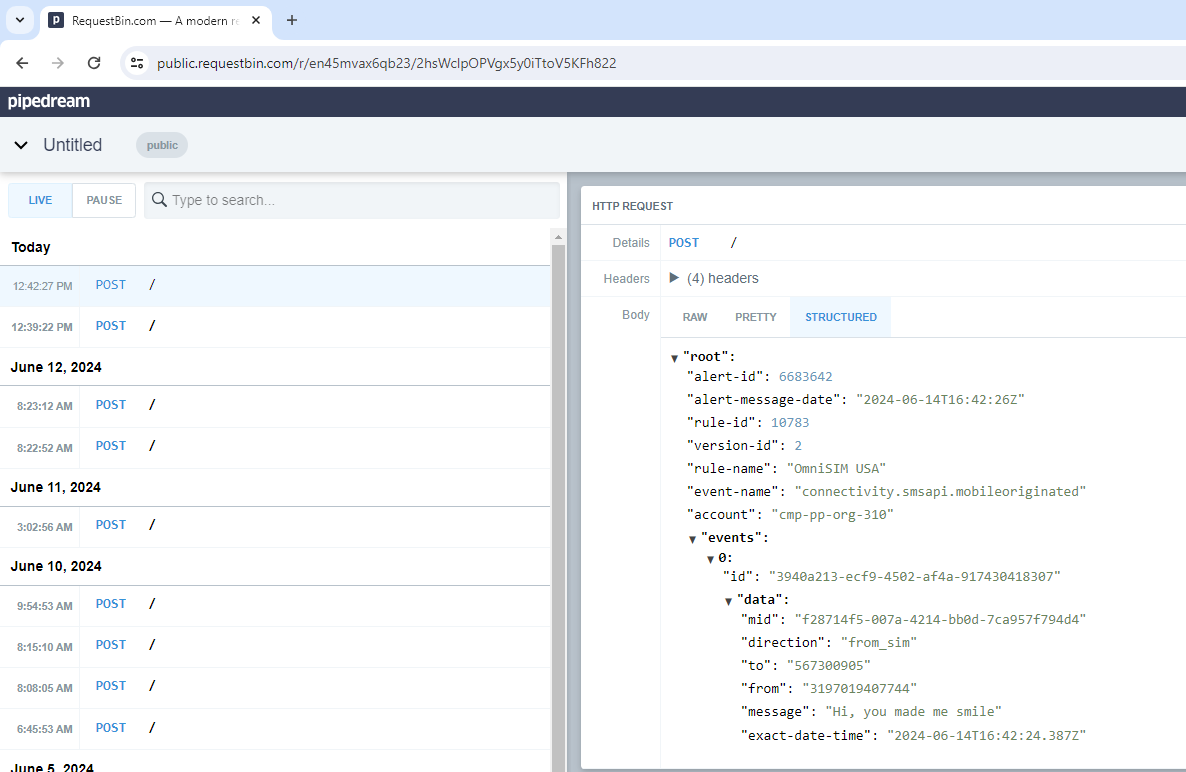 Pipedream interface showing received mobile originated SMS webhook payload with message data
