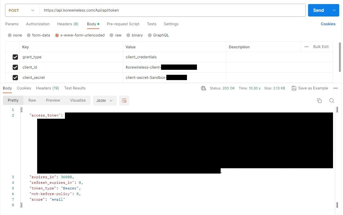 Postman interface showing POST request to get authentication token with client credentials