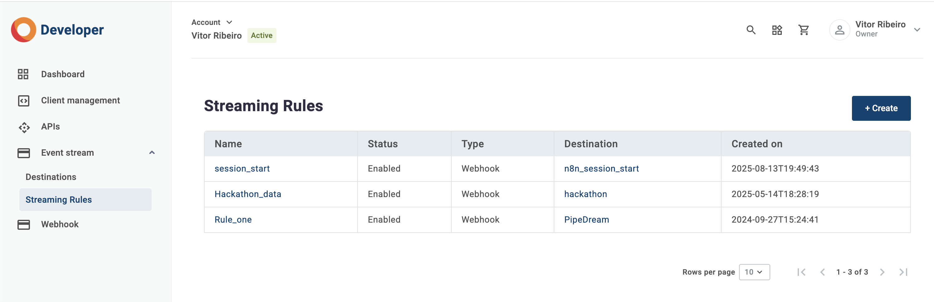 KORE Developer Console interface for creating streaming rules with event type selection