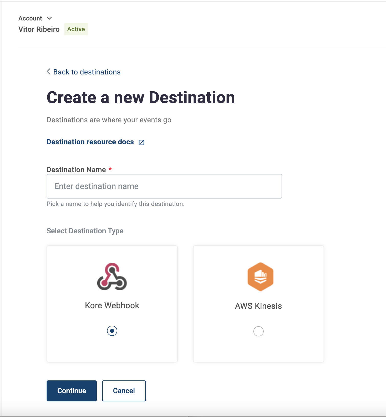 KORE Developer Console showing destination options for Webhook and AWS Kinesis